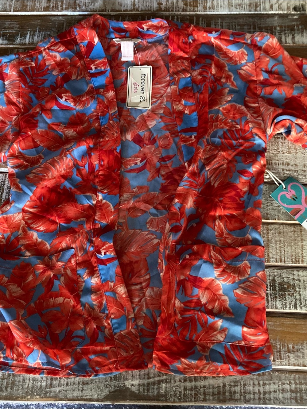 Forever 21 Blue and Red Tropical Floral Kimono